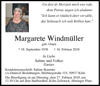 Anzeige von Margarete Windmüller von Kölner Stadt-Anzeiger / Kölnische Rundschau / Express