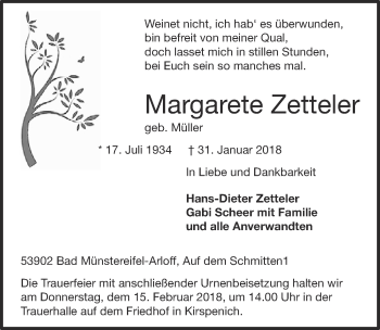 Anzeige von Margarete Zetteler von  Blickpunkt Euskirchen 
