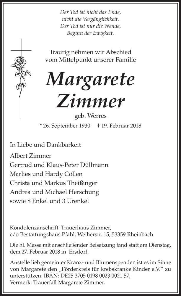  Traueranzeige für Margarete Zimmer vom 28.02.2018 aus  Schlossbote/Werbekurier 