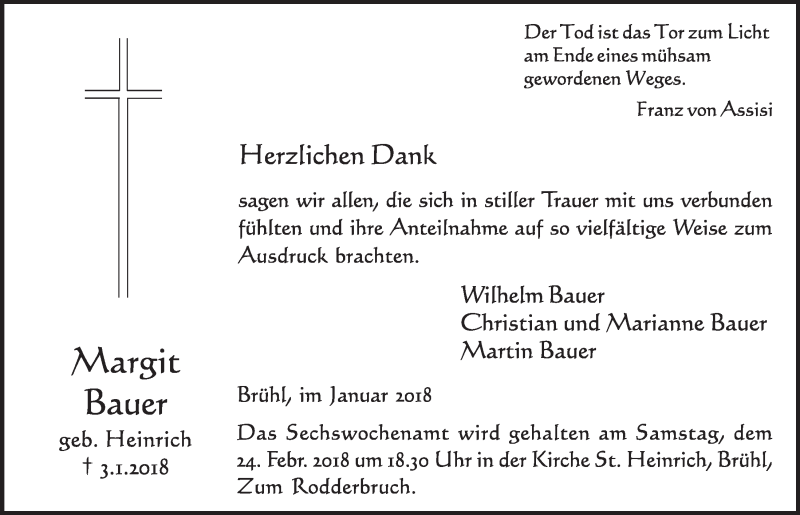  Traueranzeige für Margit Bauer vom 14.02.2018 aus  Schlossbote/Werbekurier 