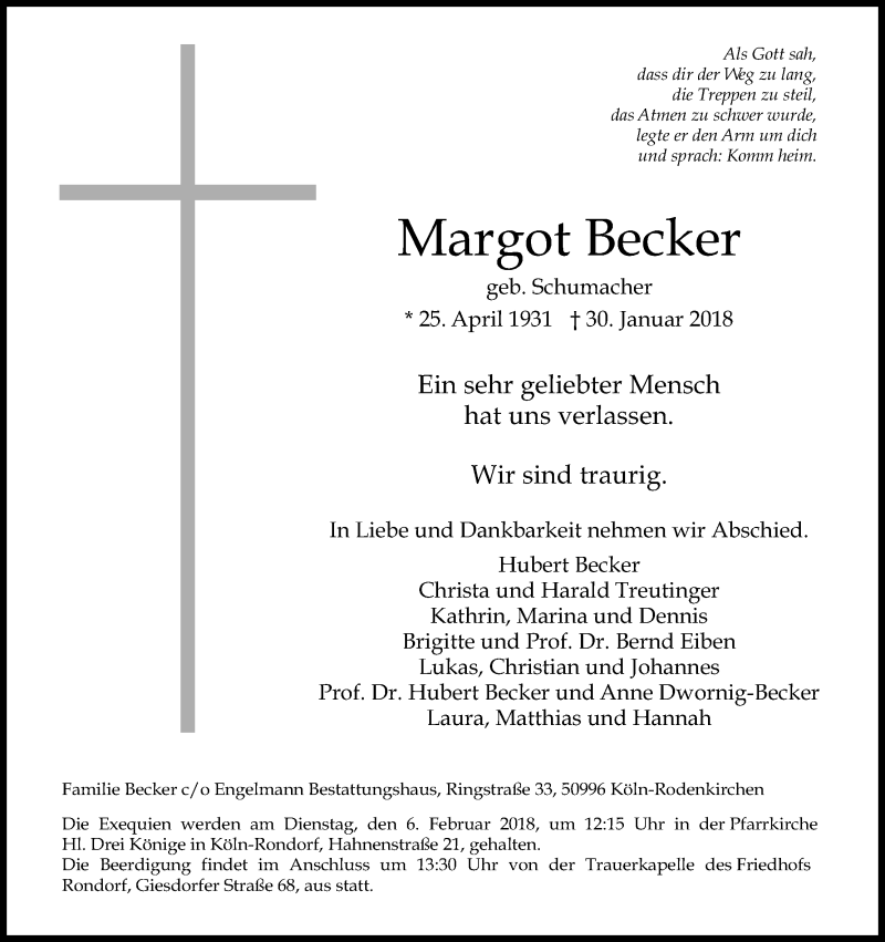  Traueranzeige für Margot Becker vom 03.02.2018 aus Kölner Stadt-Anzeiger / Kölnische Rundschau / Express