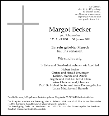 Anzeige von Margot Becker von Kölner Stadt-Anzeiger / Kölnische Rundschau / Express