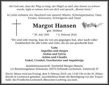 Anzeige von Margot Hansen von  Werbepost 