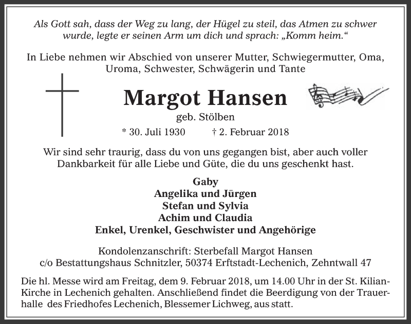  Traueranzeige für Margot Hansen vom 07.02.2018 aus  Werbepost 