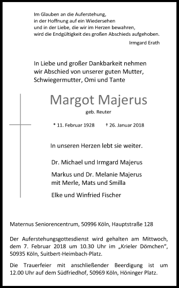 Anzeige von Margot Majerus von Kölner Stadt-Anzeiger / Kölnische Rundschau / Express