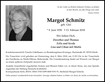 Anzeige von Margot Schmitz von Kölner Stadt-Anzeiger / Kölnische Rundschau / Express