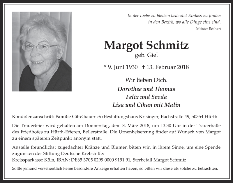  Traueranzeige für Margot Schmitz vom 28.02.2018 aus  Wochenende 