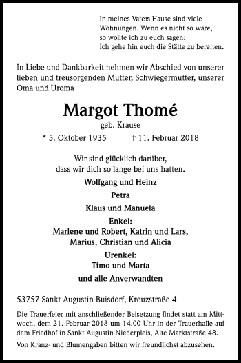 Anzeige von Margot Thomé von Kölner Stadt-Anzeiger / Kölnische Rundschau / Express