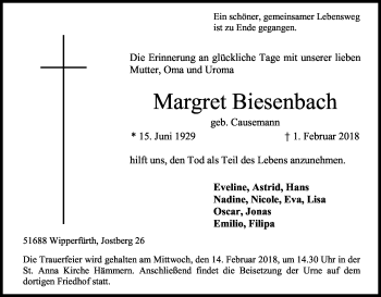Anzeige von Margret Biesenbach von Kölner Stadt-Anzeiger / Kölnische Rundschau / Express