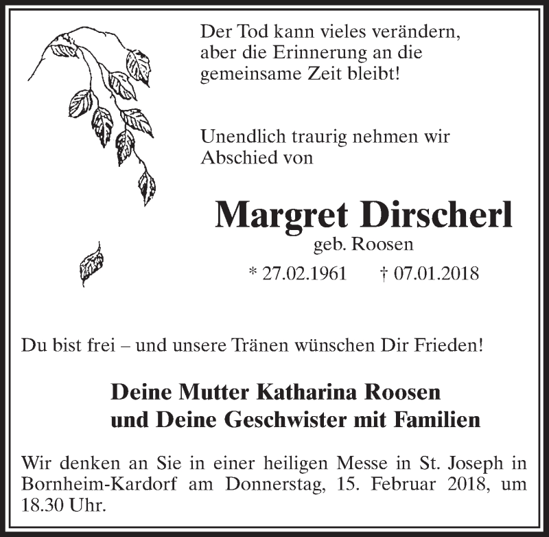  Traueranzeige für Margret Dirscherl vom 07.02.2018 aus  Schaufenster/Blickpunkt 