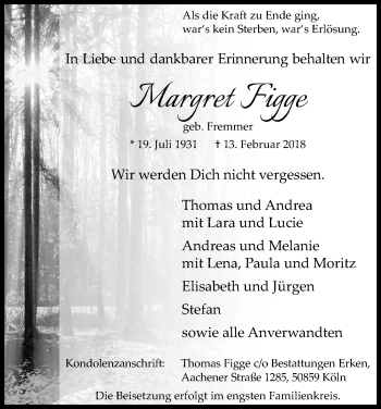Anzeige von Margret Figge von Kölner Stadt-Anzeiger / Kölnische Rundschau / Express