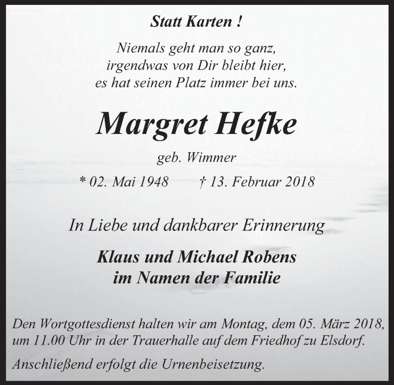  Traueranzeige für Margret Hefke vom 28.02.2018 aus  Werbepost 