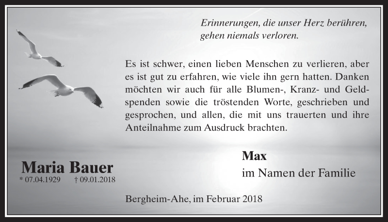  Traueranzeige für Maria Bauer vom 14.02.2018 aus  Werbepost 