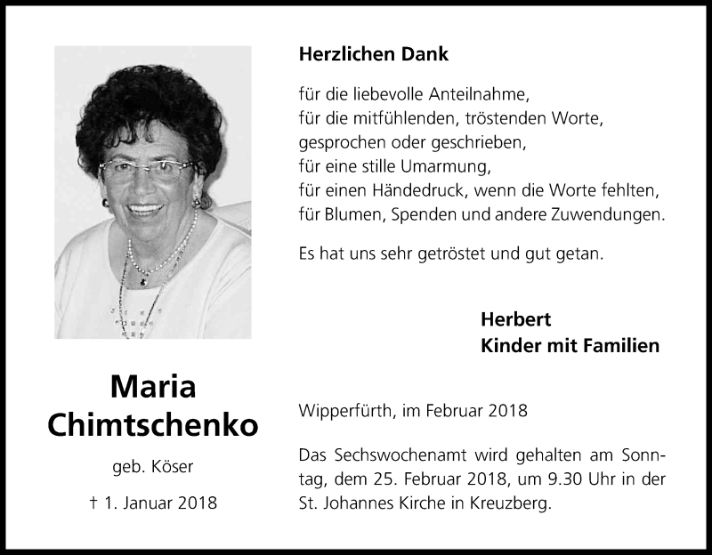  Traueranzeige für Maria Chimtschenko vom 23.02.2018 aus Kölner Stadt-Anzeiger / Kölnische Rundschau / Express