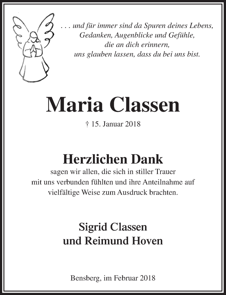  Traueranzeige für Maria Classen vom 14.02.2018 aus  Bergisches Handelsblatt 