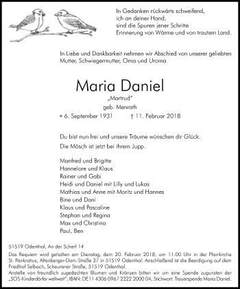 Anzeige von Maria Daniel von Kölner Stadt-Anzeiger / Kölnische Rundschau / Express