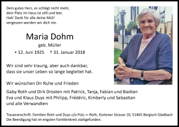 Anzeige von Maria Dohm von Kölner Stadt-Anzeiger / Kölnische Rundschau / Express