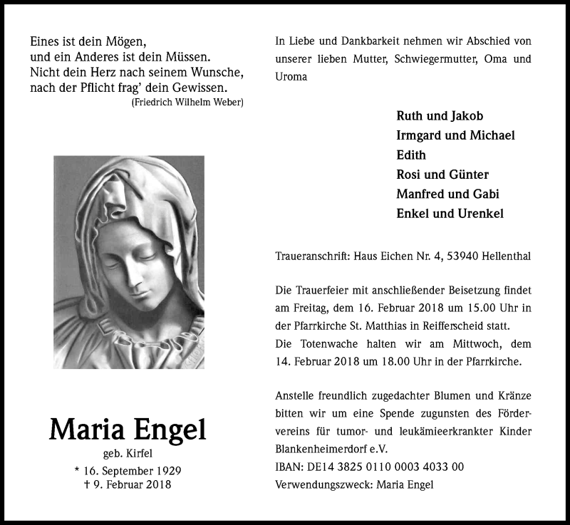  Traueranzeige für Maria Engel vom 13.02.2018 aus Kölner Stadt-Anzeiger / Kölnische Rundschau / Express
