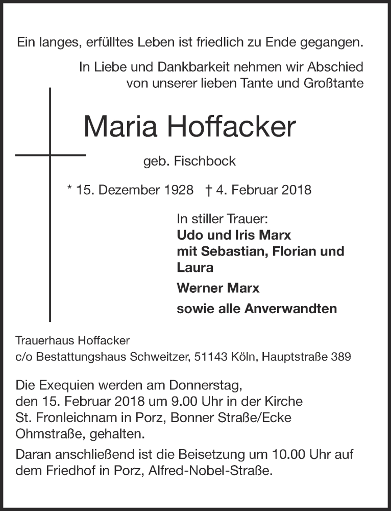  Traueranzeige für Maria Hoffacker vom 14.02.2018 aus  Kölner Wochenspiegel 