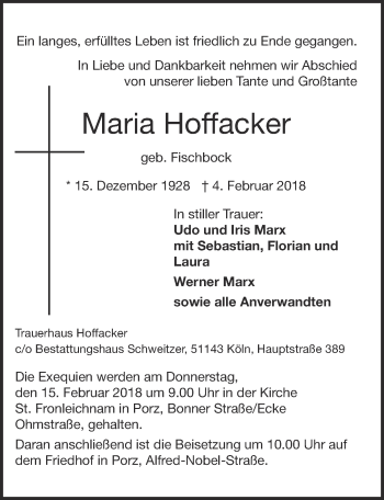 Anzeige von Maria Hoffacker von  Kölner Wochenspiegel 