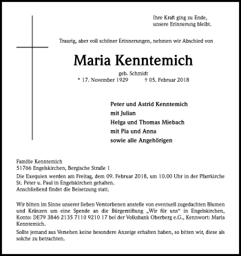 Anzeige von Maria Kenntemich von Kölner Stadt-Anzeiger / Kölnische Rundschau / Express