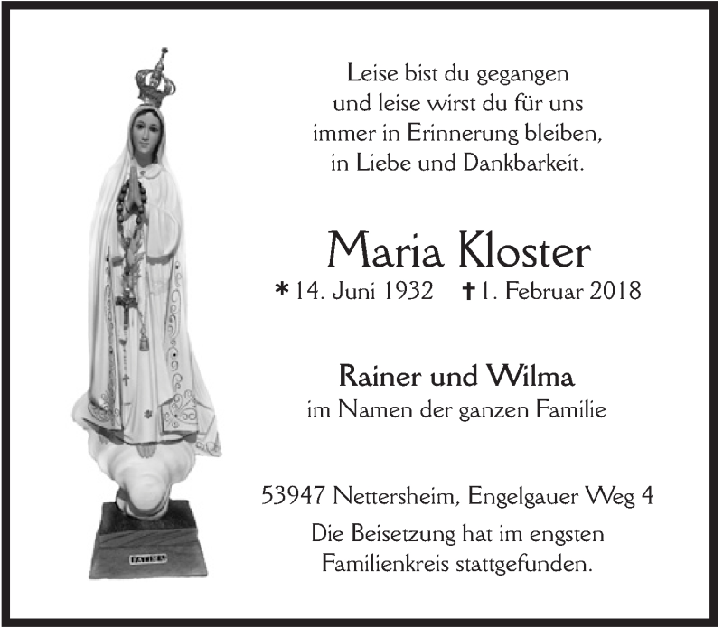  Traueranzeige für Maria Kloster vom 17.02.2018 aus  Blickpunkt Euskirchen 