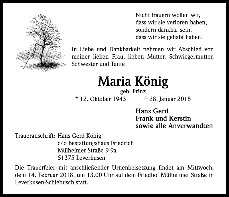  Traueranzeige für Maria König vom 10.02.2018 aus Kölner Stadt-Anzeiger / Kölnische Rundschau / Express