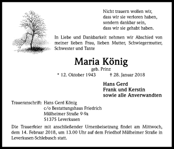 Anzeige von Maria König von Kölner Stadt-Anzeiger / Kölnische Rundschau / Express