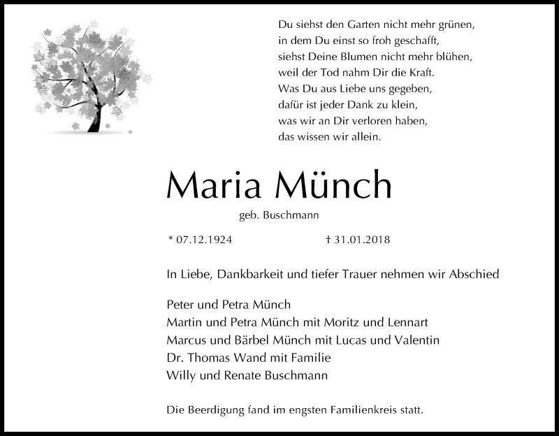  Traueranzeige für Maria Münch vom 10.02.2018 aus Kölner Stadt-Anzeiger / Kölnische Rundschau / Express