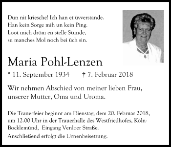 Anzeige von Maria Pohl-Lenzen von Kölner Stadt-Anzeiger / Kölnische Rundschau / Express