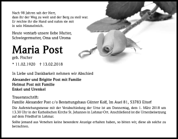 Anzeige von Maria Post von Kölner Stadt-Anzeiger / Kölnische Rundschau / Express