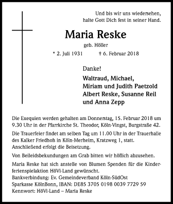 Anzeige von Maria Reske von Kölner Stadt-Anzeiger / Kölnische Rundschau / Express