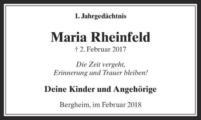  Traueranzeige für Maria Rheinfeld vom 31.01.2018 aus  Werbepost 