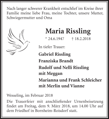 Anzeige von Maria Rissling von  Schlossbote/Werbekurier 