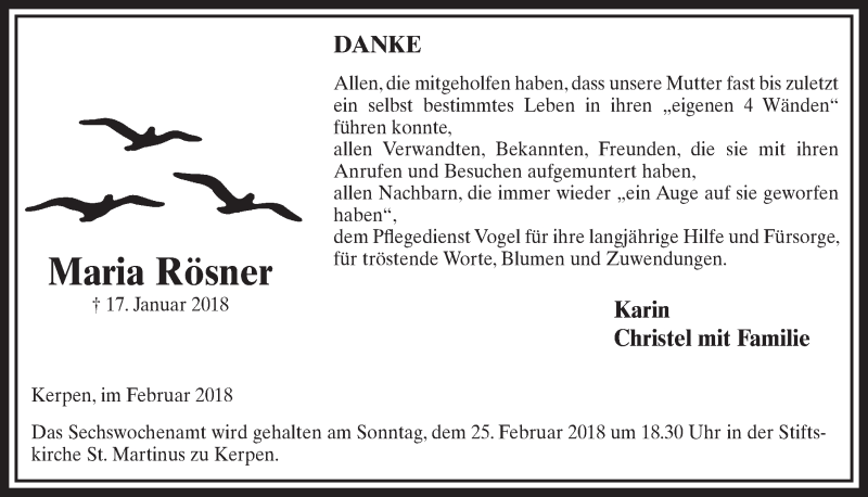  Traueranzeige für Maria Rösner vom 17.02.2018 aus  Sonntags-Post 