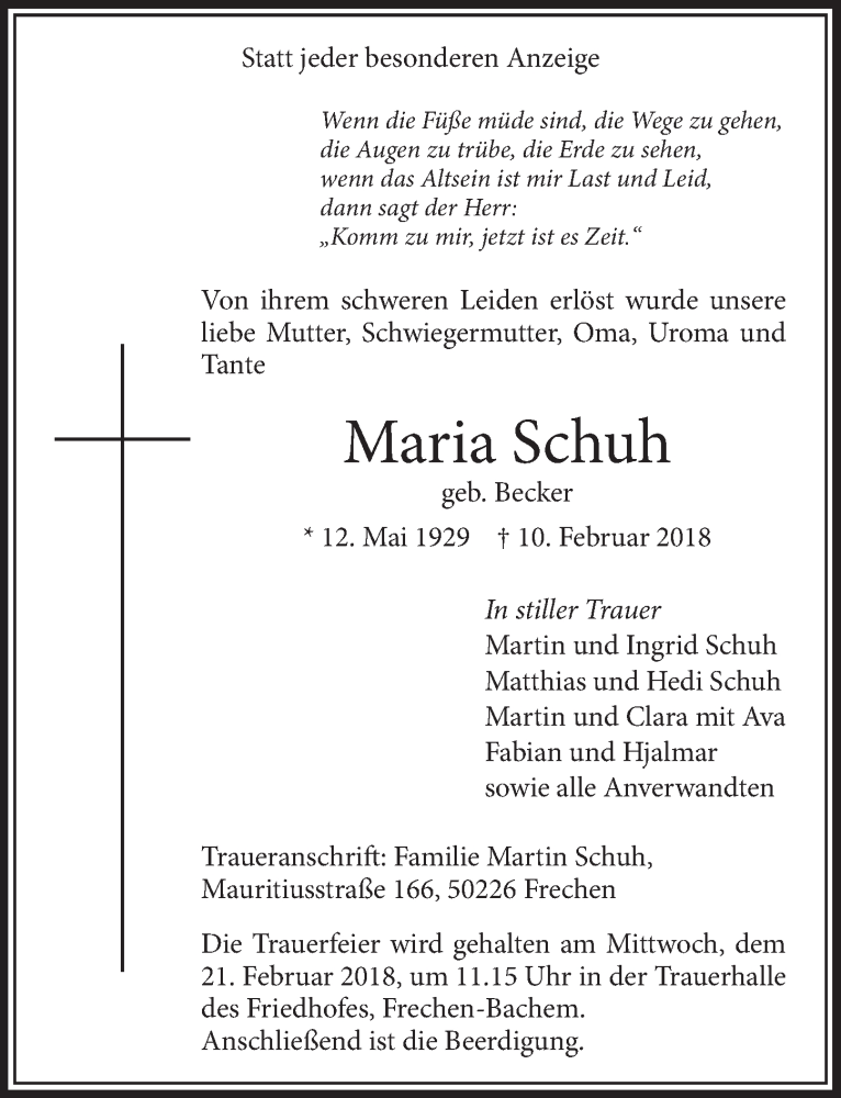  Traueranzeige für Maria Schuh vom 17.02.2018 aus  Sonntags-Post 
