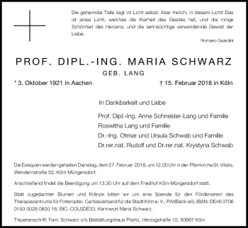 Anzeige von Maria  Schwarz von Kölner Stadt-Anzeiger / Kölnische Rundschau / Express