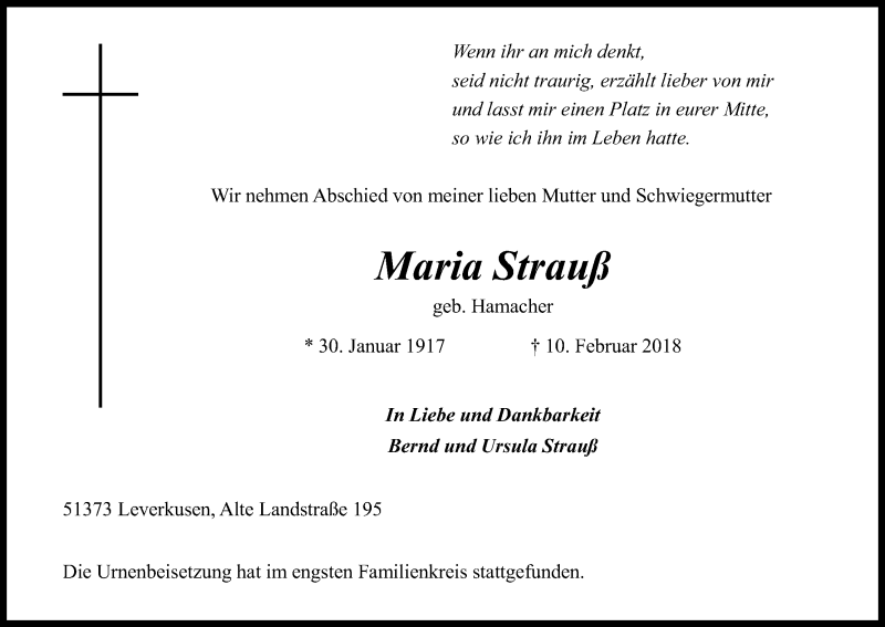  Traueranzeige für Maria Strauß vom 24.02.2018 aus Kölner Stadt-Anzeiger / Kölnische Rundschau / Express