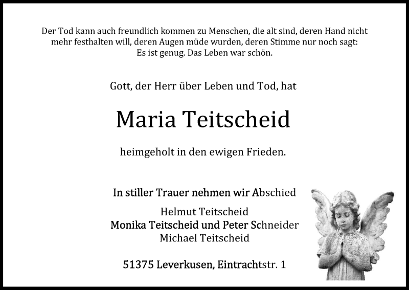  Traueranzeige für Maria Teitscheid vom 03.02.2018 aus Kölner Stadt-Anzeiger / Kölnische Rundschau / Express