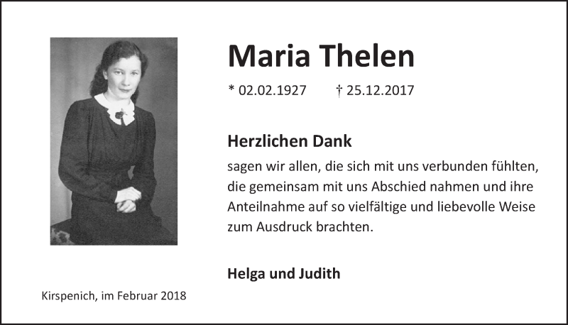  Traueranzeige für Maria Thelen vom 03.02.2018 aus  Blickpunkt Euskirchen 
