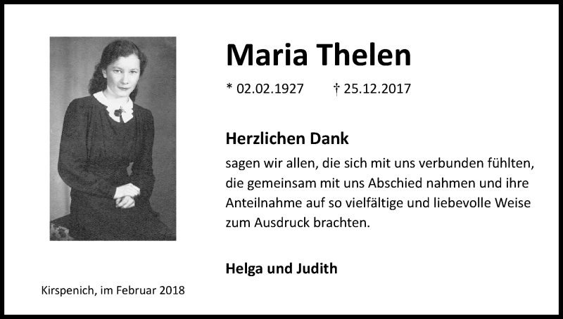  Traueranzeige für Maria Thelen vom 03.02.2018 aus Kölner Stadt-Anzeiger / Kölnische Rundschau / Express