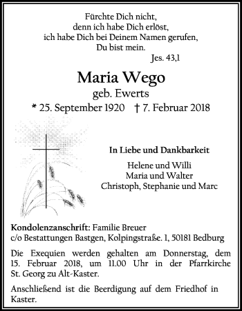 Anzeige von Maria Wego von Kölner Stadt-Anzeiger / Kölnische Rundschau / Express