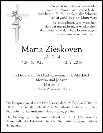 Anzeige von Maria Zieskoven von Kölner Stadt-Anzeiger / Kölnische Rundschau / Express