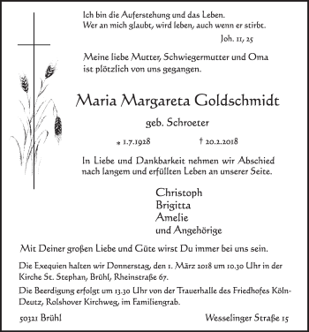 Anzeige von Maria Margareta Goldschmidt von  Schlossbote/Werbekurier 