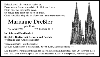 Anzeige von Marianne Dreßler von Kölner Stadt-Anzeiger / Kölnische Rundschau / Express