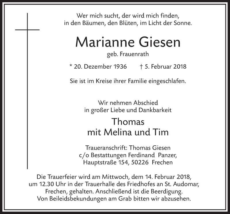  Traueranzeige für Marianne Giesen vom 10.02.2018 aus  Sonntags-Post 
