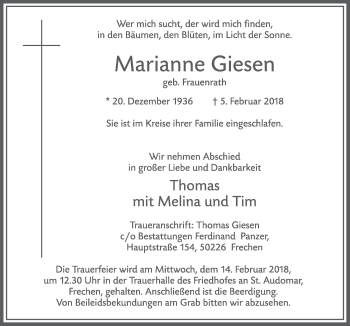 Anzeige von Marianne Giesen von  Wochenende 