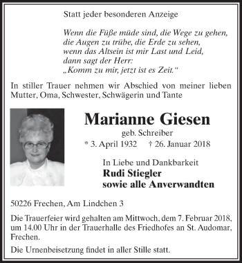 Anzeige von Marianne Giesen von  Sonntags-Post 