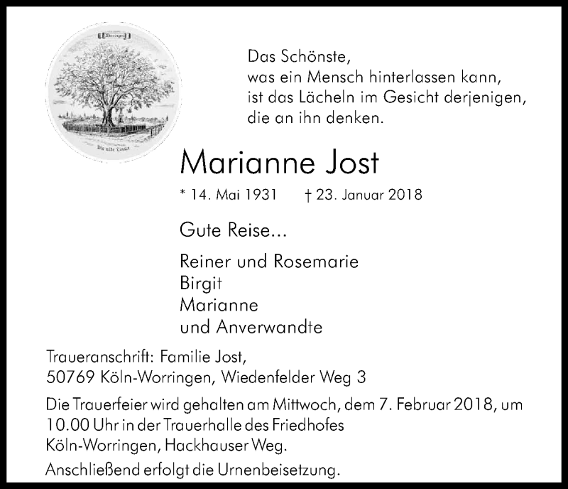  Traueranzeige für Marianne Jost vom 03.02.2018 aus Kölner Stadt-Anzeiger / Kölnische Rundschau / Express