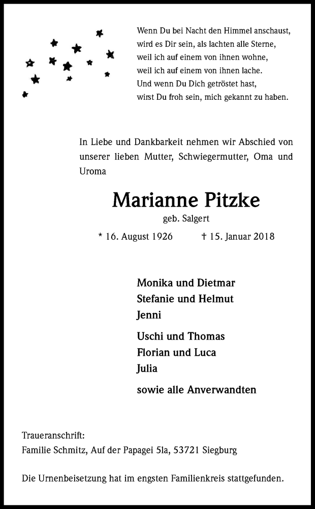  Traueranzeige für Marianne Pitzke vom 03.02.2018 aus Kölner Stadt-Anzeiger / Kölnische Rundschau / Express